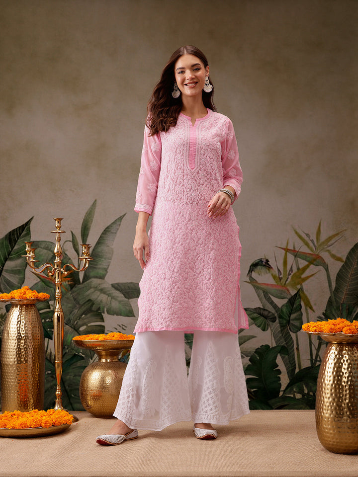 Pink-&-White-Poly-Georgette-Chikankari-Kurta-With-Palazzo