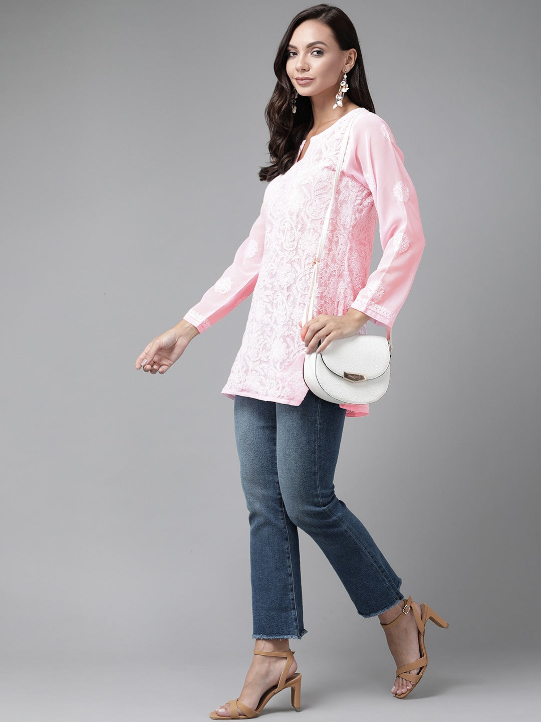 Pink-&-White-Poly-Georgette-Embroidered-Chikankari-Kurti