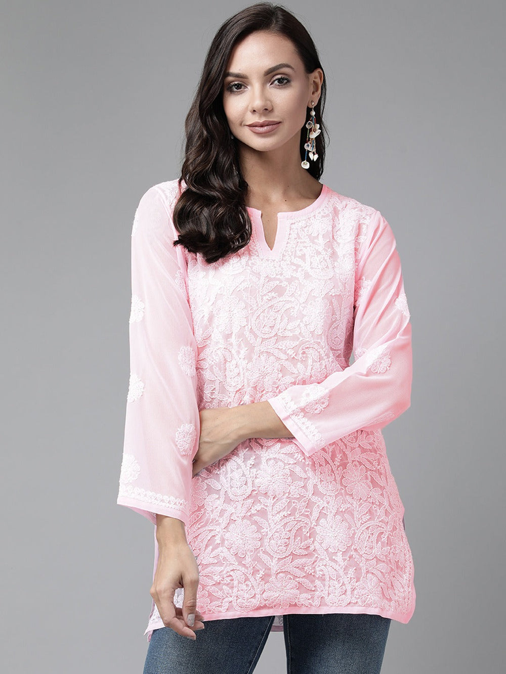 Pink-&-White-Poly-Georgette-Embroidered-Chikankari-Kurti