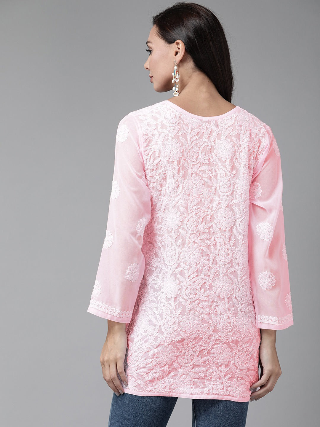 Pink-&-White-Poly-Georgette-Embroidered-Chikankari-Kurti