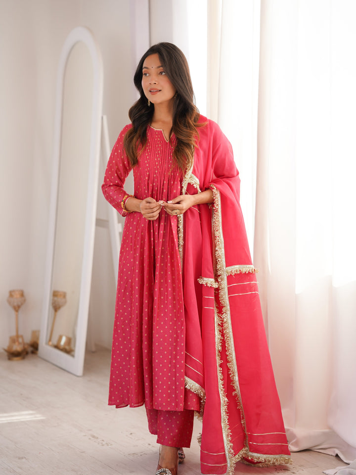 Peach Chanderi Pintucks Anarkali Suit Set