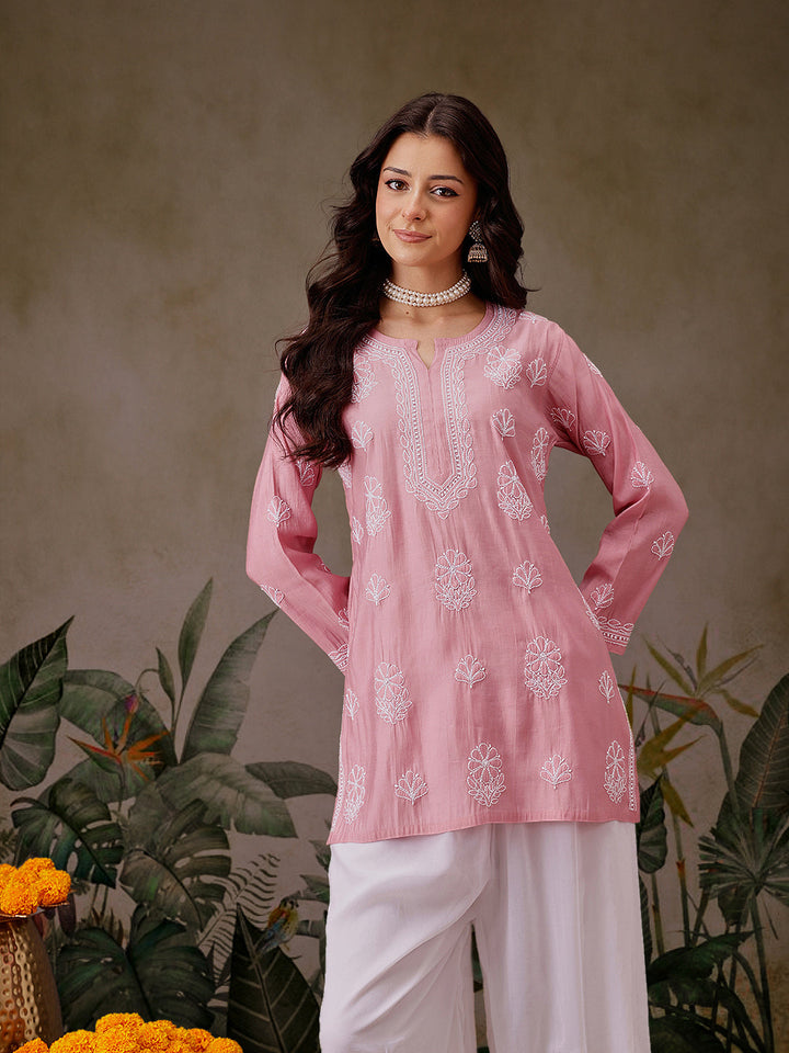 Pink-Chanderi-Lucknowi-Chikankari-Short-Kurta-ONLY