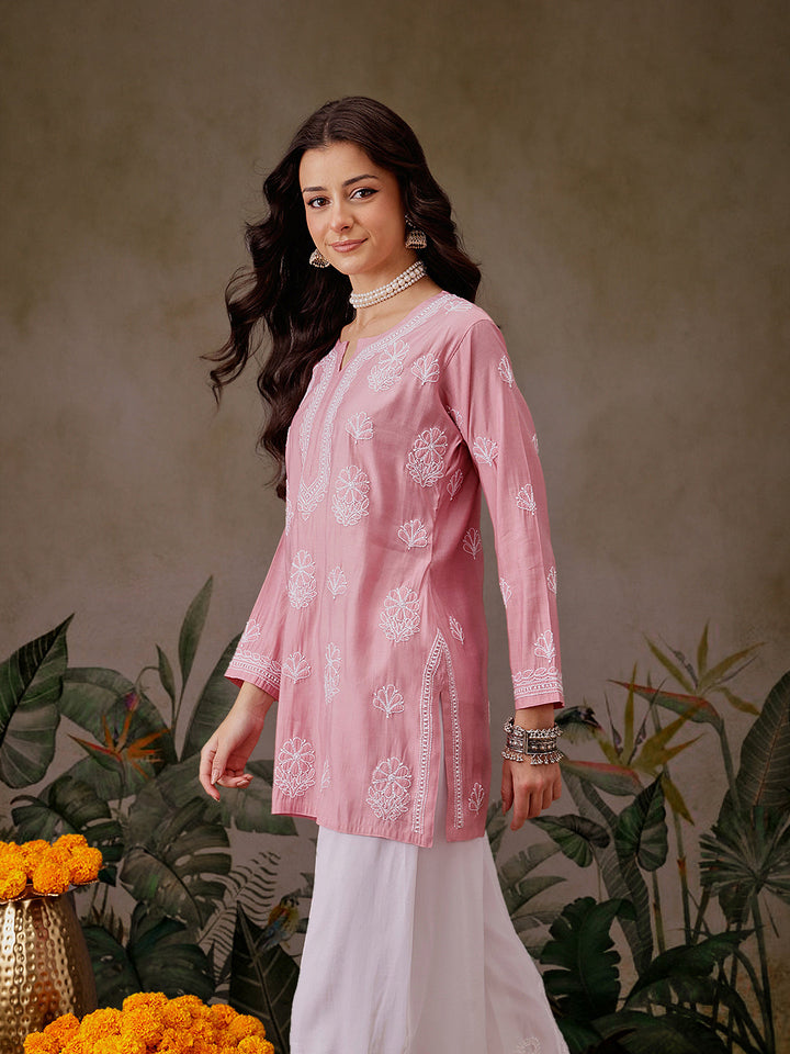 Pink-Chanderi-Lucknowi-Chikankari-Short-Kurta-ONLY