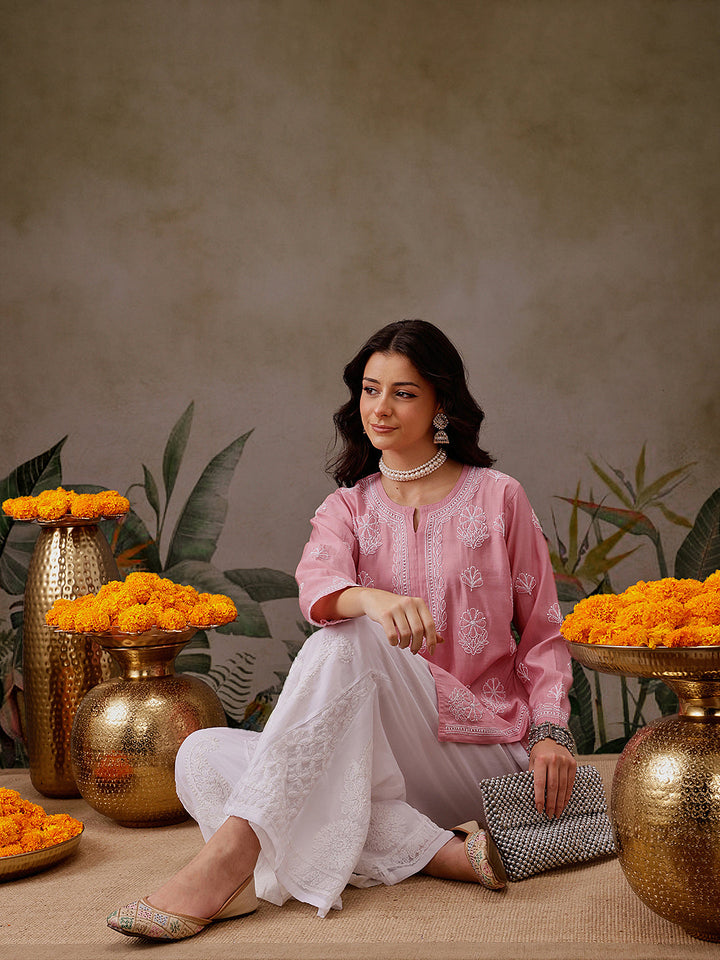Pink-Chanderi-Lucknowi-Chikankari-Short-Kurta-ONLY