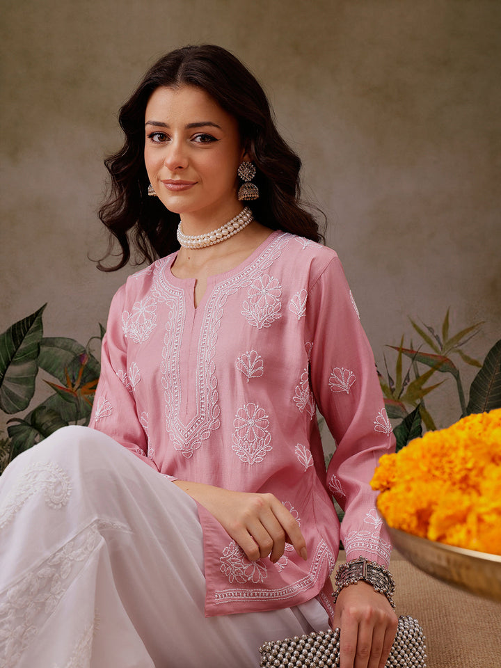 Pink-Chanderi-Lucknowi-Chikankari-Short-Kurta-ONLY