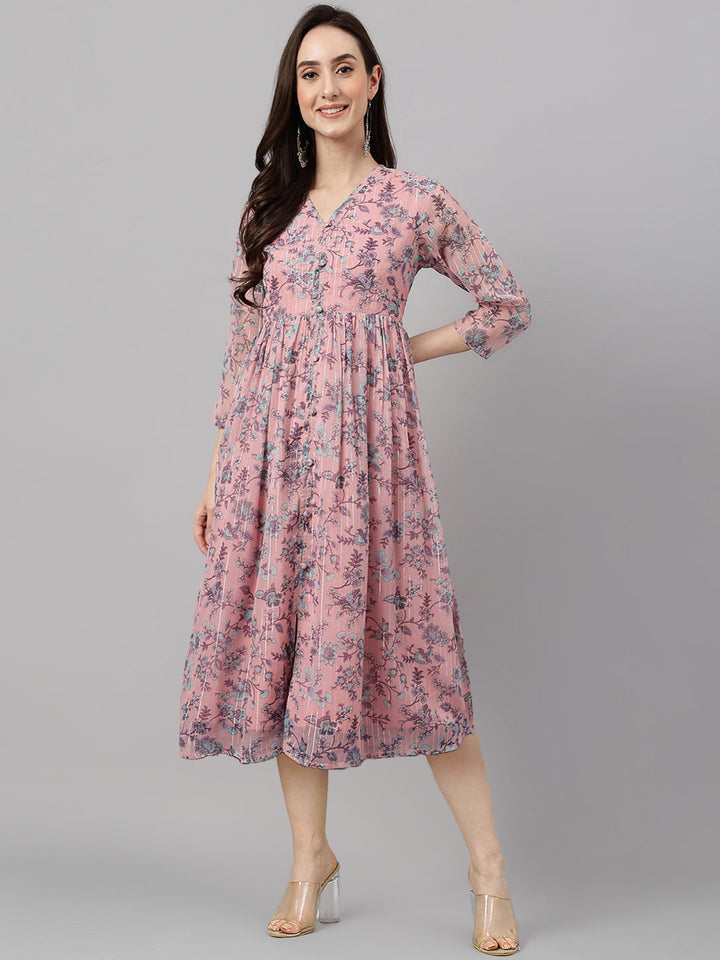 Pink Chiffon Lurex Floral Print Flared Kurta