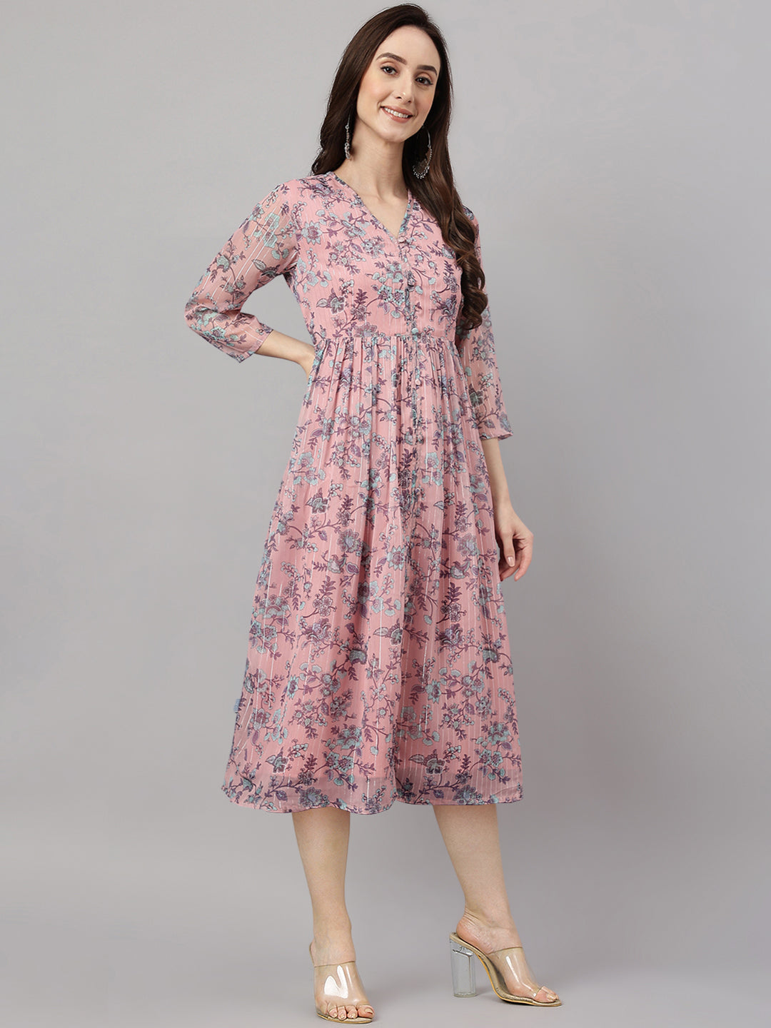 Pink Chiffon Lurex Floral Print Flared Kurta
