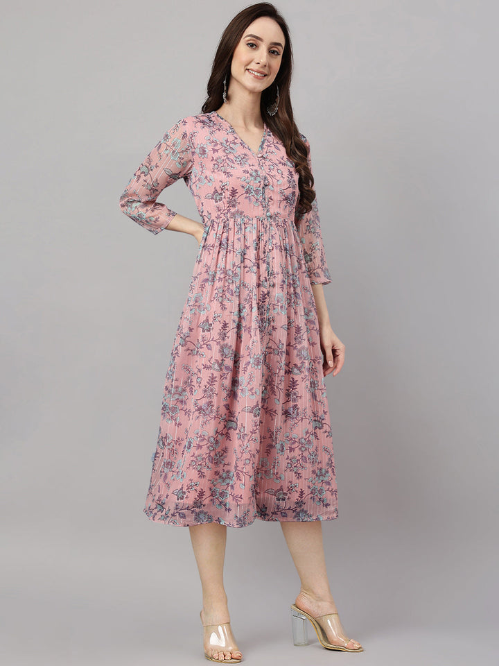 Pink Chiffon Lurex Floral Print Flared Kurta