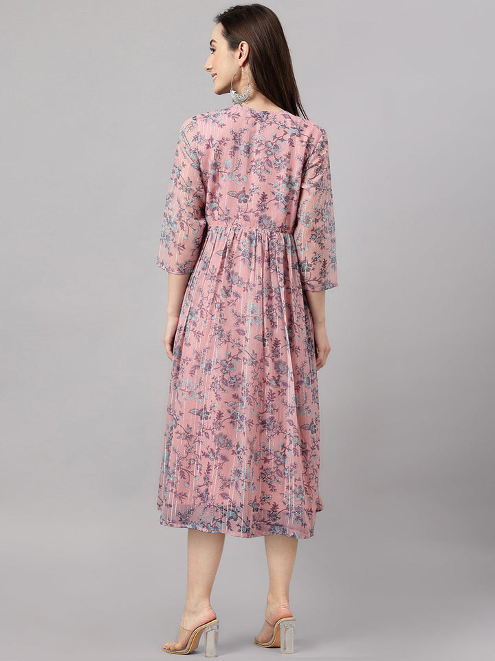 Pink Chiffon Lurex Floral Print Flared Kurta
