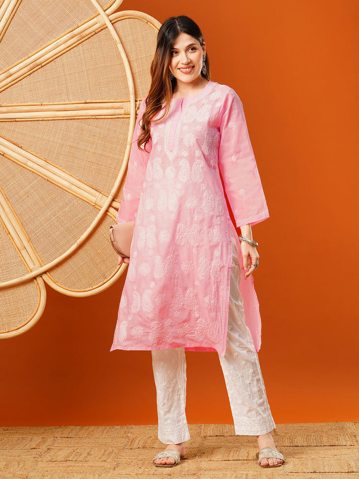Pink-Cotton-Embroidered-Chikankari-Kurta-Only