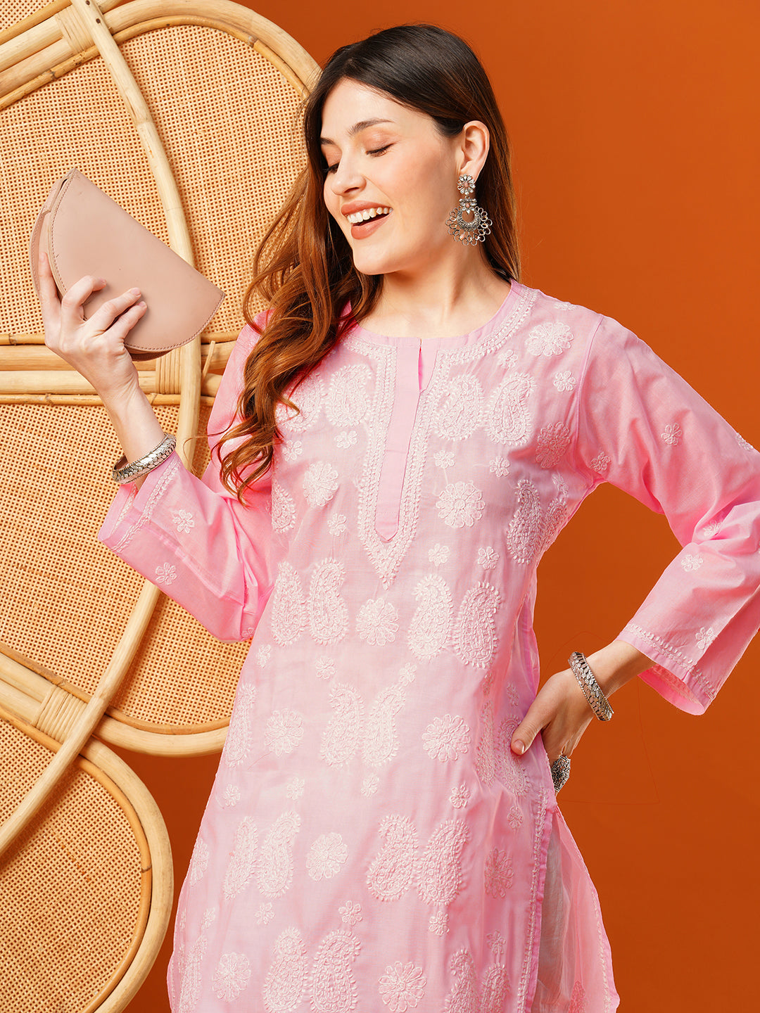 Pink-Cotton-Embroidered-Chikankari-Kurta-Only