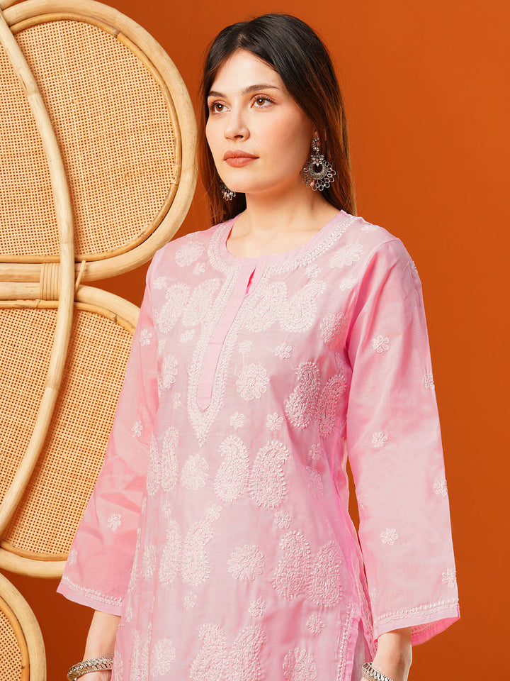 Pink-Cotton-Embroidered-Chikankari-Kurta-Only