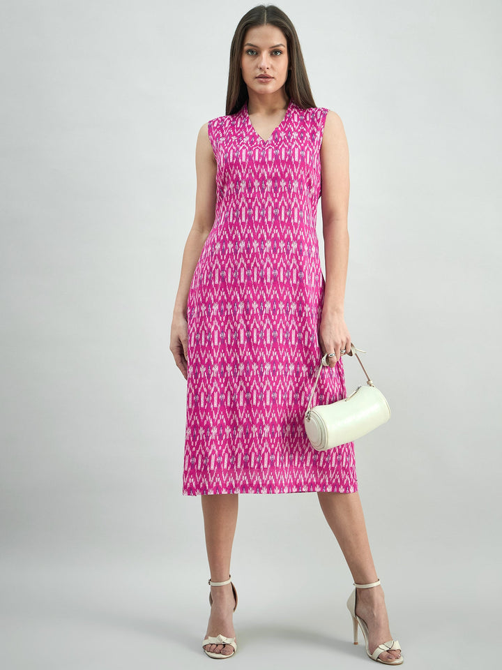 Pink-Cotton-Ikat-Print-Relaxed-Fit-A-Line-Dress