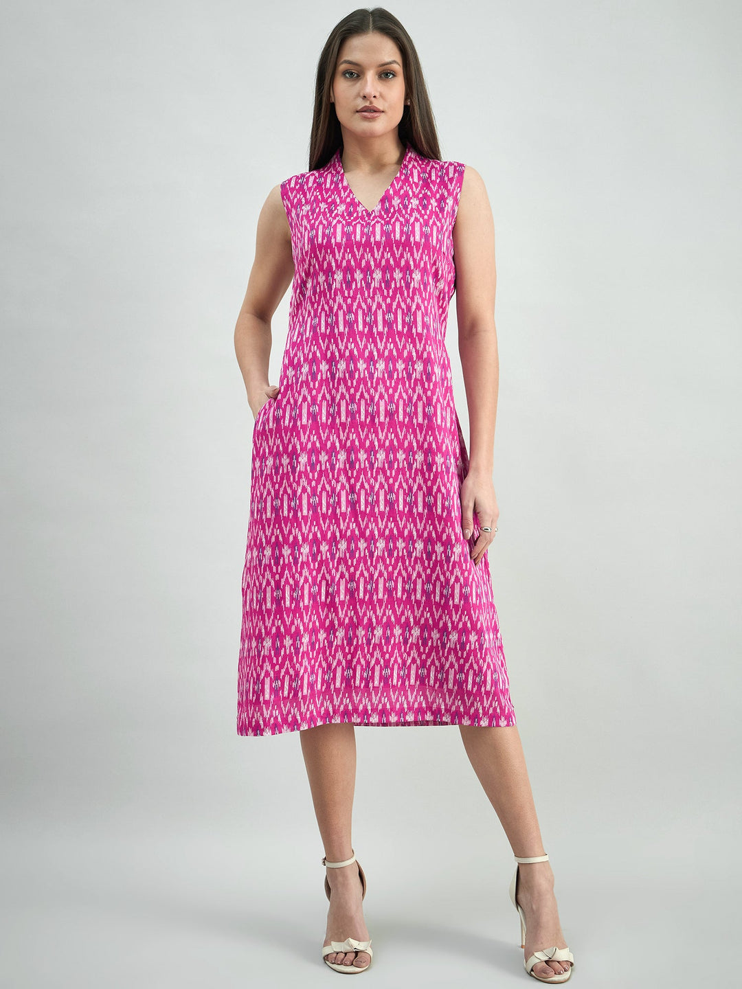 Pink-Cotton-Ikat-Print-Relaxed-Fit-A-Line-Dress