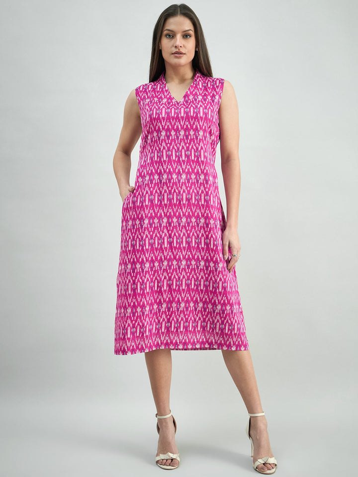 Pink-Cotton-Ikat-Print-Relaxed-Fit-A-Line-Dress