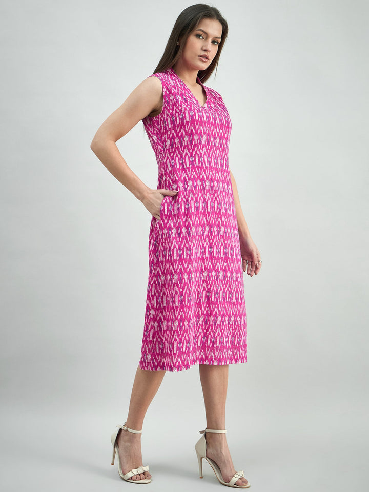 Pink-Cotton-Ikat-Print-Relaxed-Fit-A-Line-Dress