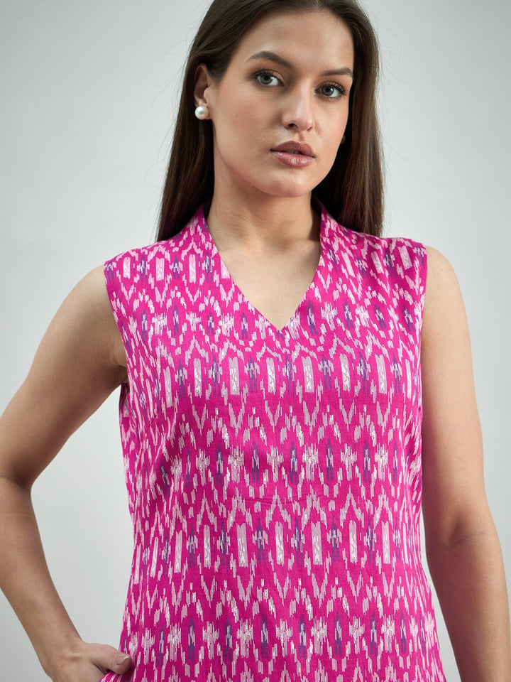 Pink-Cotton-Ikat-Print-Relaxed-Fit-A-Line-Dress