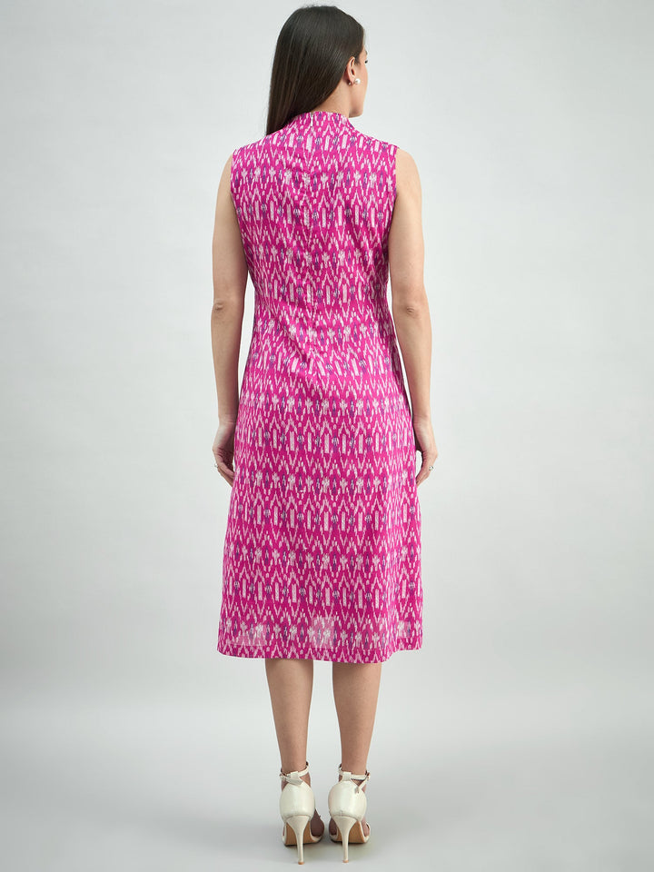 Pink-Cotton-Ikat-Print-Relaxed-Fit-A-Line-Dress
