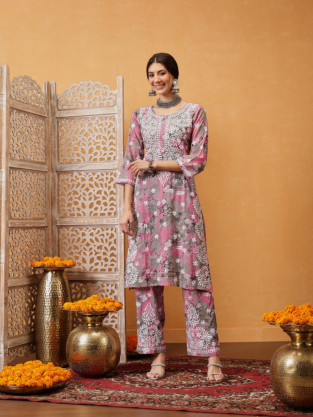 Pink-Cotton-Lucknowi-Chikankari-Printed-Kurta-Set