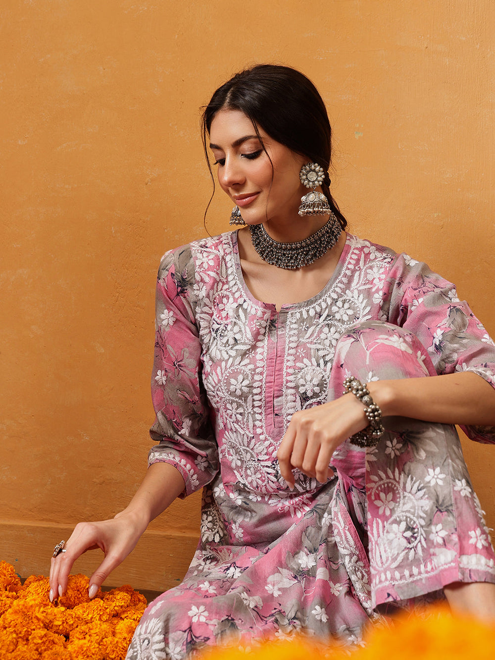 Pink-Cotton-Lucknowi-Chikankari-Printed-Kurta-Set