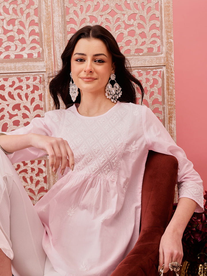 Pink-Cotton-Lucknowi-Chikankari-Short-Kurta-ONLY
