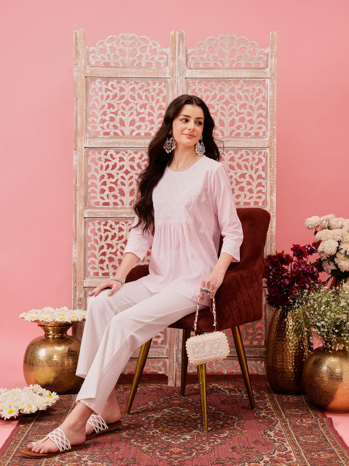 Pink-Cotton-Lucknowi-Chikankari-Short-Kurta-ONLY