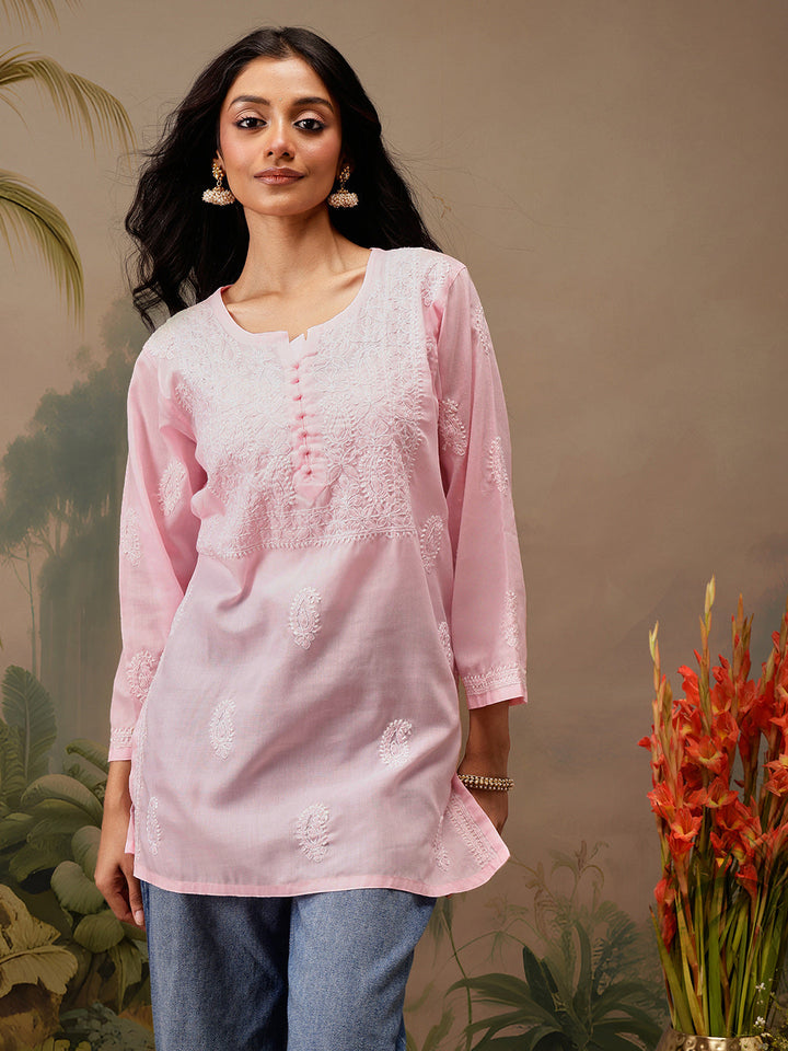 Pink Cotton 100% Original Chikankari Tunic Top