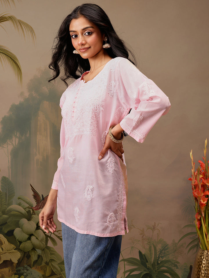 Pink Cotton 100% Original Chikankari Tunic Top