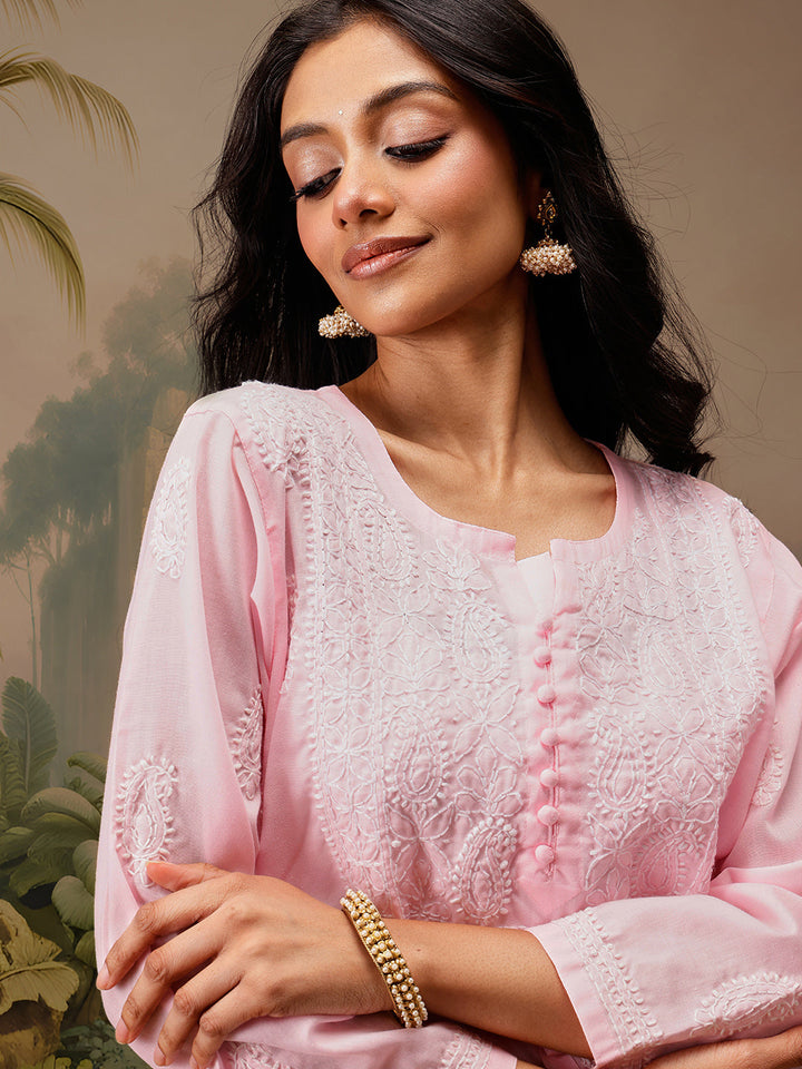 Pink Cotton 100% Original Chikankari Tunic Top