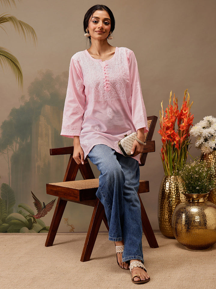 Pink Cotton 100% Original Chikankari Tunic Top