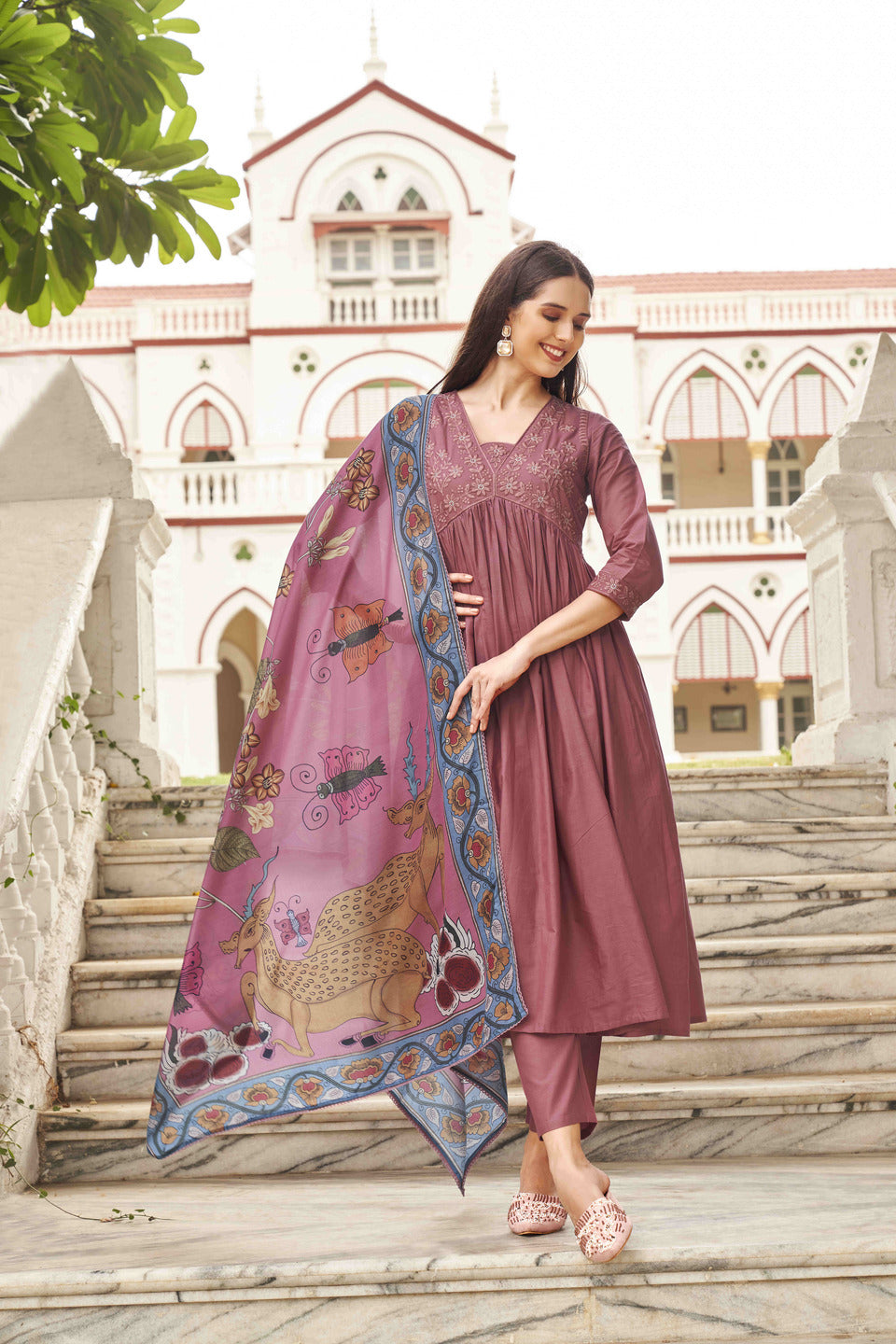 Pink-Cotton-Tonal-Thread-Alia-Cut-Flared-Kurta-Set
