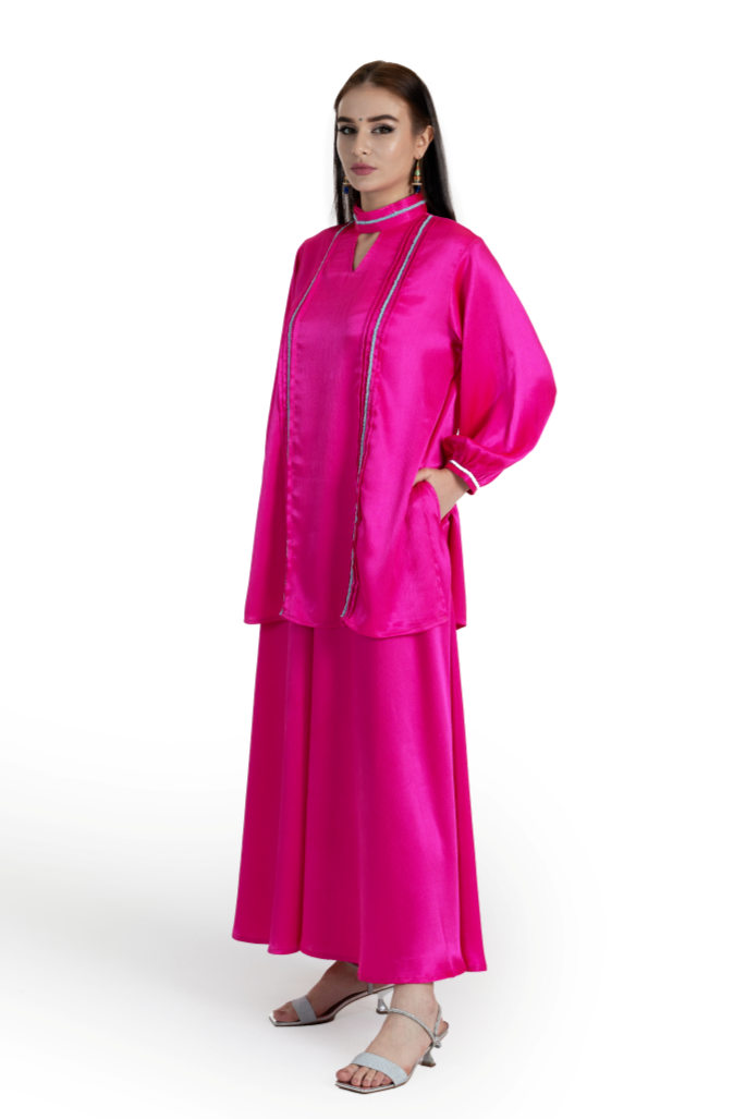Pink Crinkle Satin Taranga Kurta & Pant Set