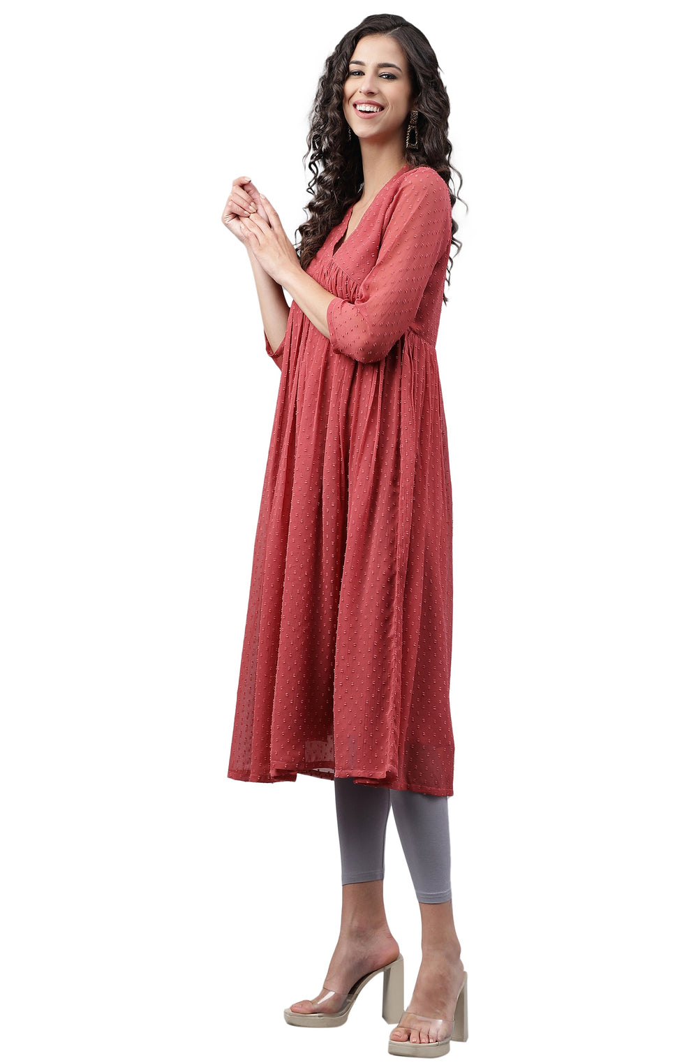 Pink Dobby Chiffon Self-Design Empire Kurta