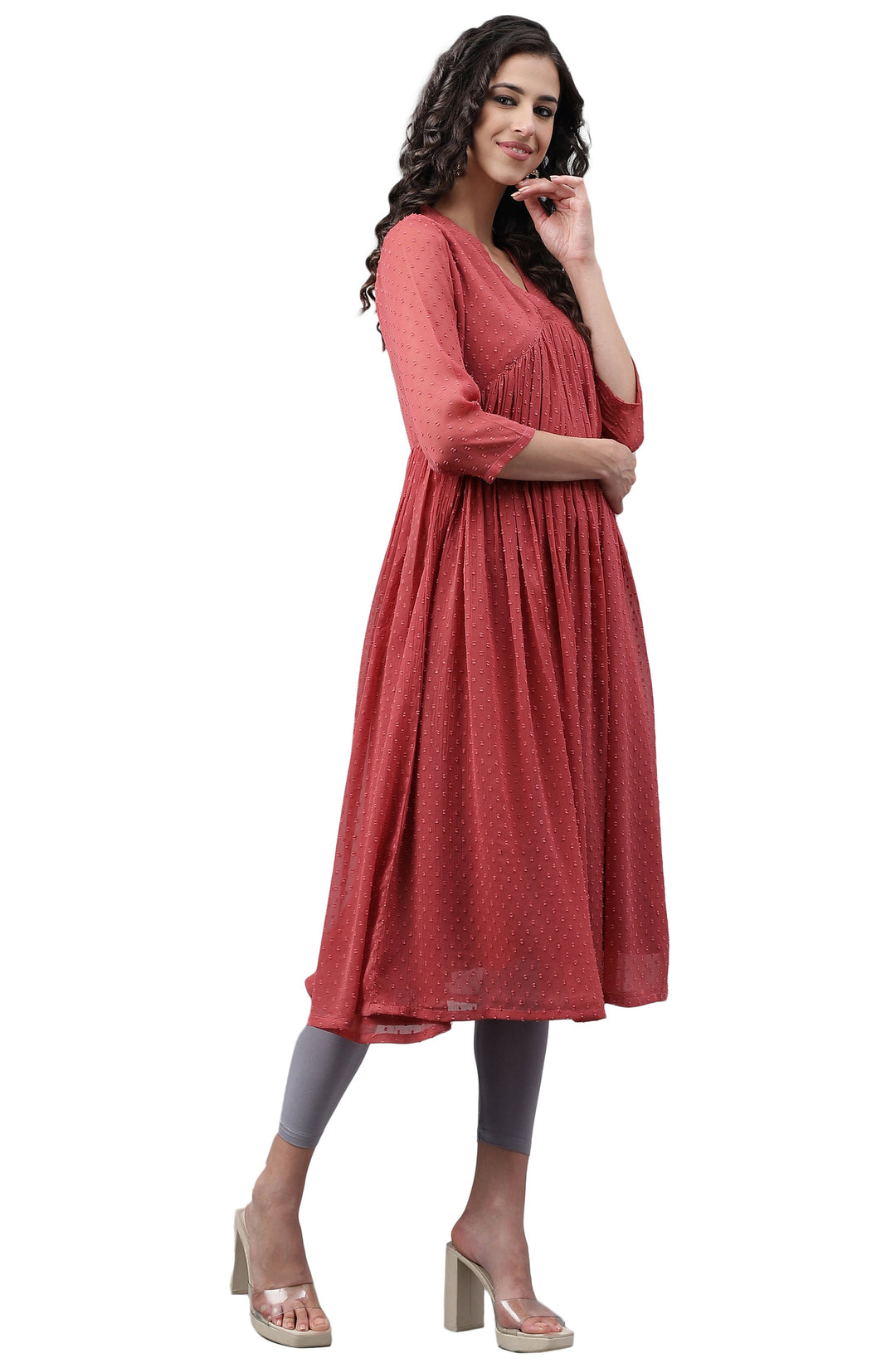 Pink Dobby Chiffon Self-Design Empire Kurta