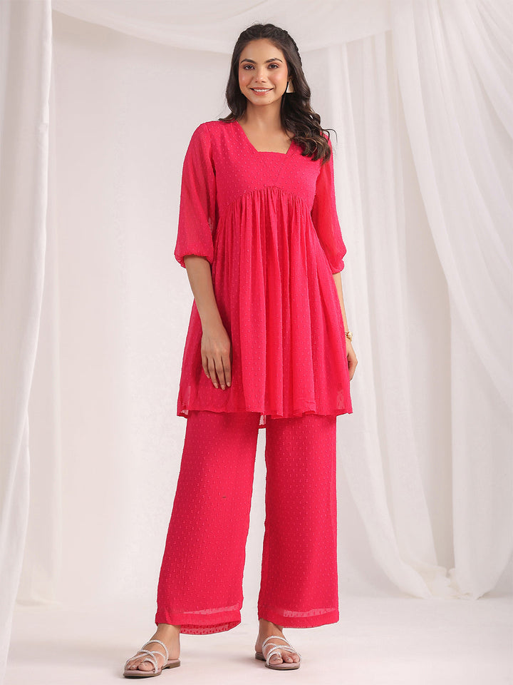 Pink Dobby Georgette Yoke Design Co-Ord Set