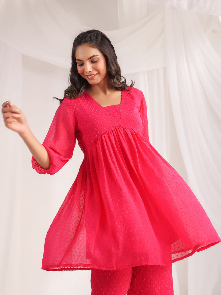 Pink Dobby Georgette Yoke Design Co-Ord Set