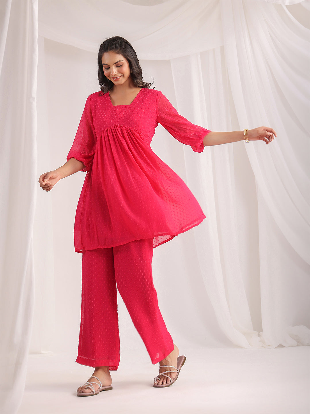 Pink-Dobby-Georgette-Yoke-Design-Co-Ord-Set