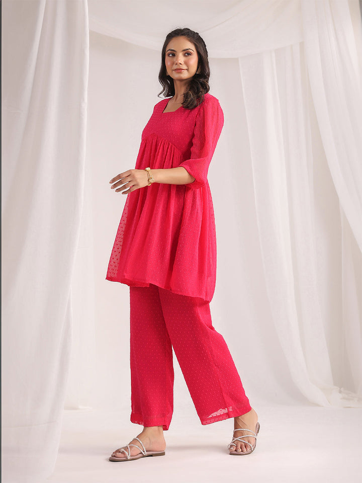 Pink Dobby Georgette Yoke Design Co-Ord Set