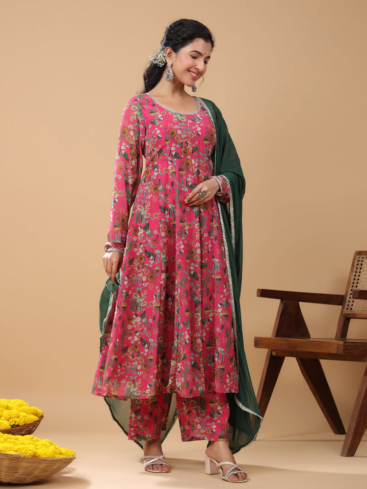 Pink Georgette Digital Floral Printed Kurta Suit Set