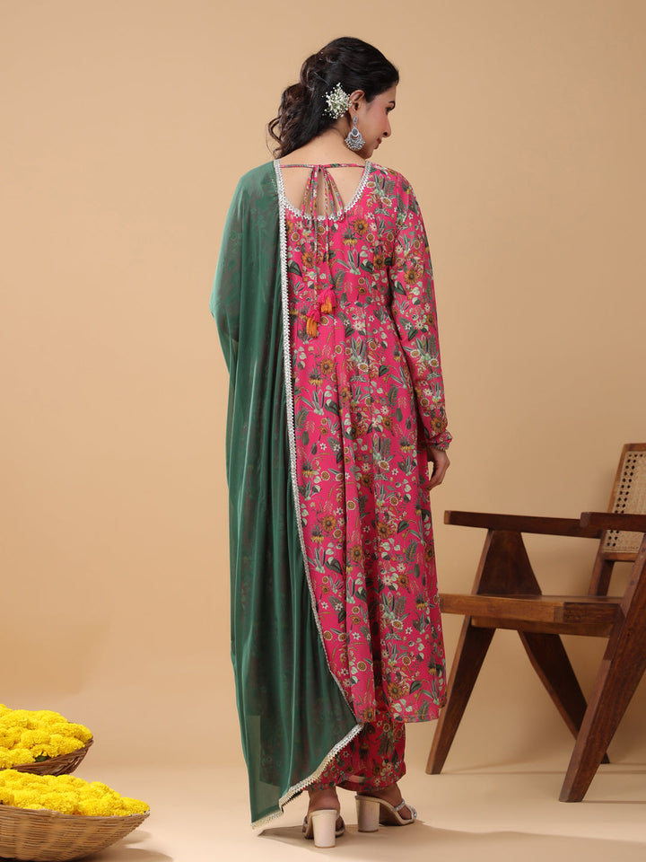 Pink Georgette Digital Floral Printed Kurta Suit Set