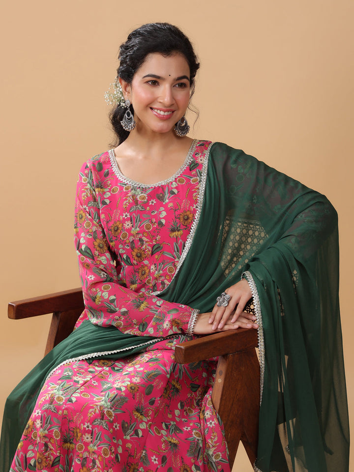 Pink Georgette Digital Floral Printed Kurta Suit Set