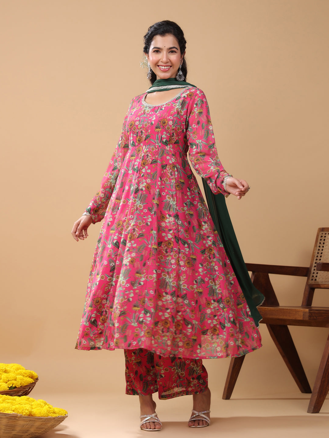 Pink Georgette Digital Floral Printed Kurta Suit Set