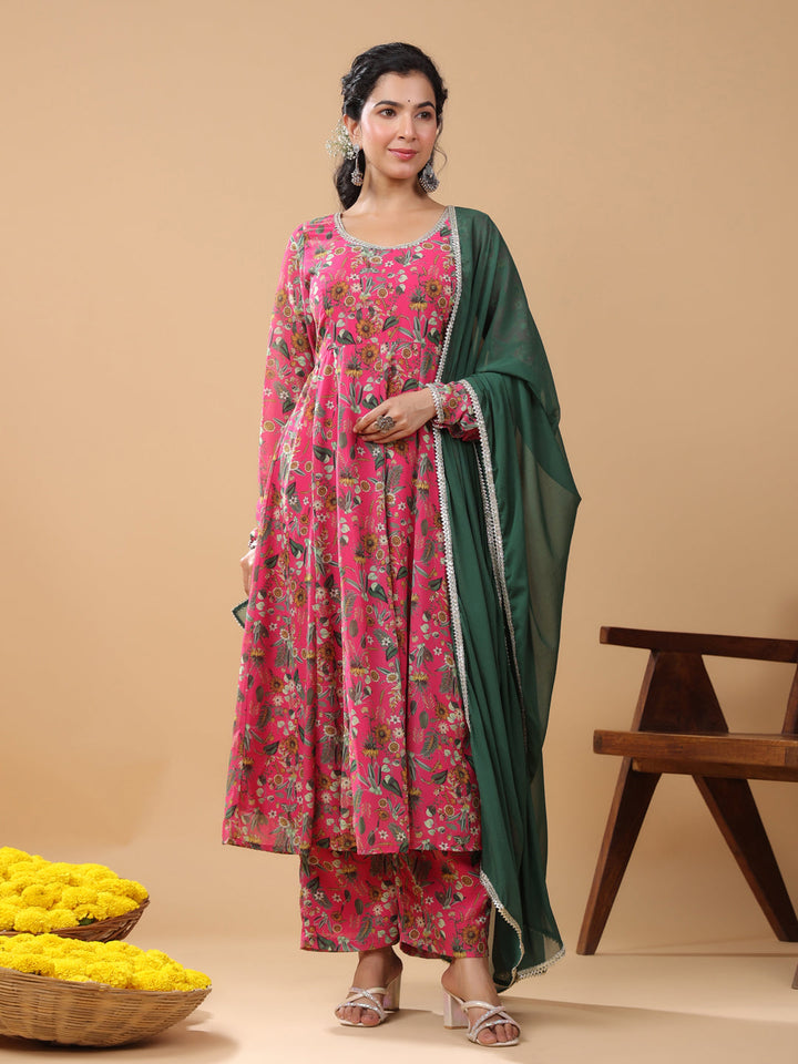 Pink Georgette Digital Floral Printed Kurta Suit Set