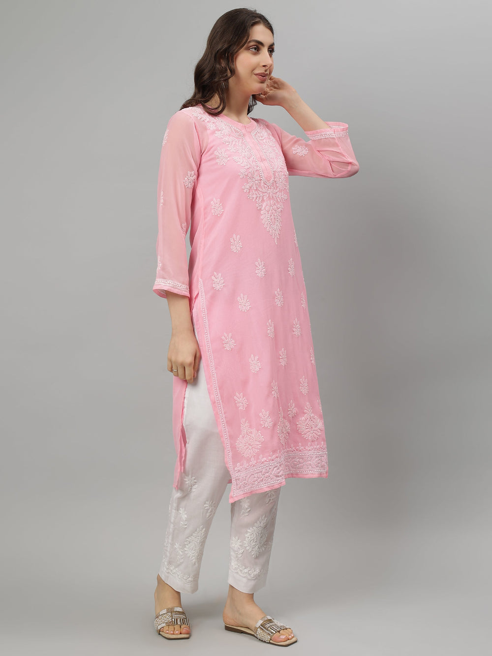 Pink-Georgette-Embroidered-Chikankari-Kurta-With-Slip