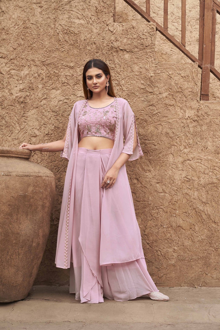 Pink-Georgette-Embroidered-Crop-Top,-Skirt-with-Shrug