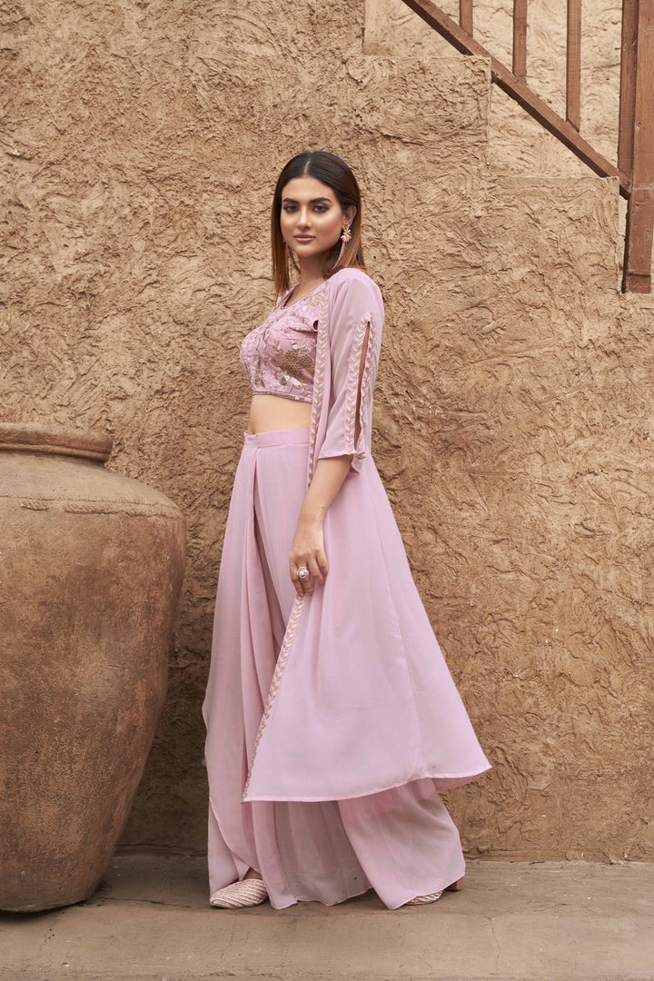 Pink-Georgette-Embroidered-Crop-Top,-Skirt-with-Shrug