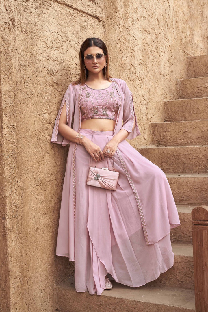 Pink-Georgette-Embroidered-Crop-Top,-Skirt-with-Shrug