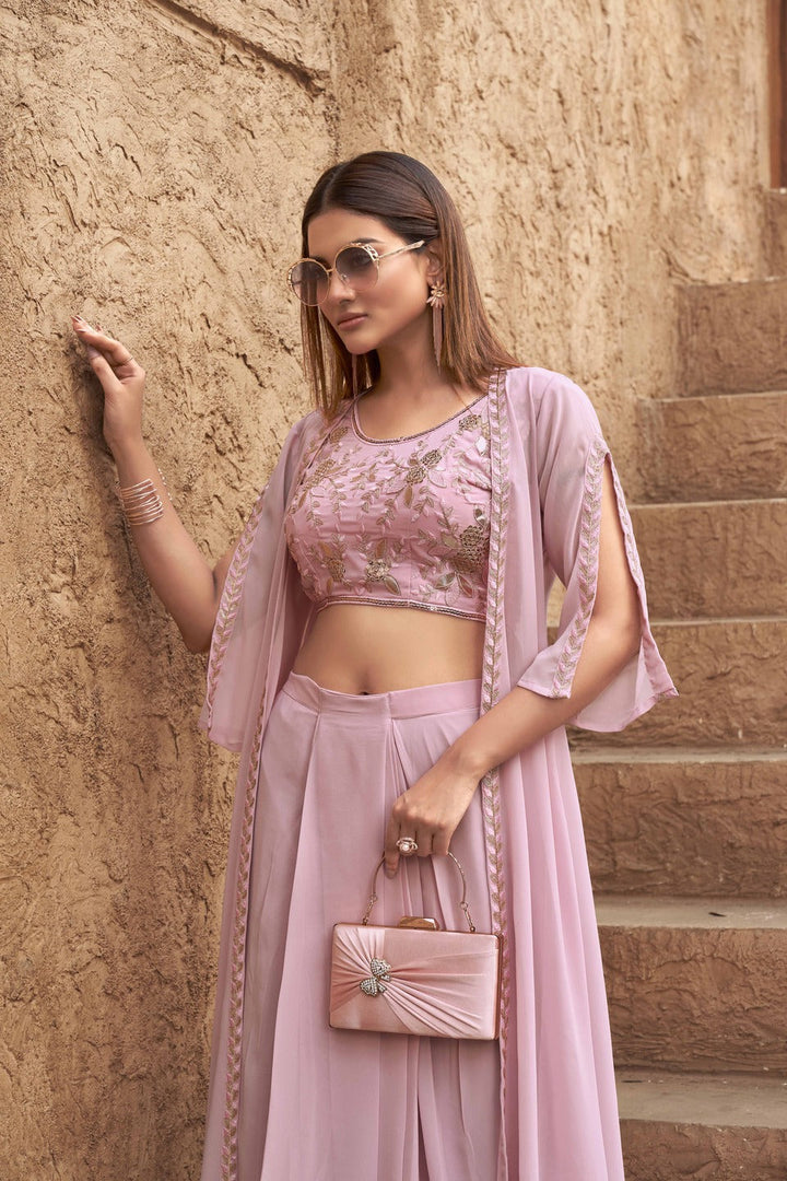 Pink-Georgette-Embroidered-Crop-Top,-Skirt-with-Shrug