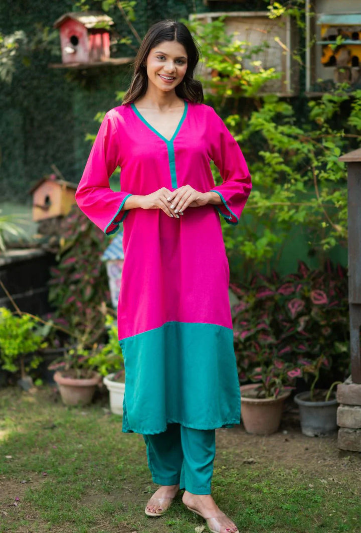 Pink-Lizzy-Bizzy Cotton-Color-Blocking-2-Piece-Kurta-Set