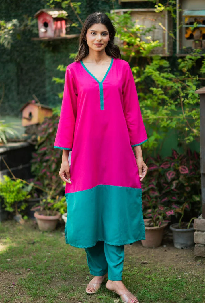 Pink-Lizzy-Bizzy Cotton-Color-Blocking-2-Piece-Kurta-Set